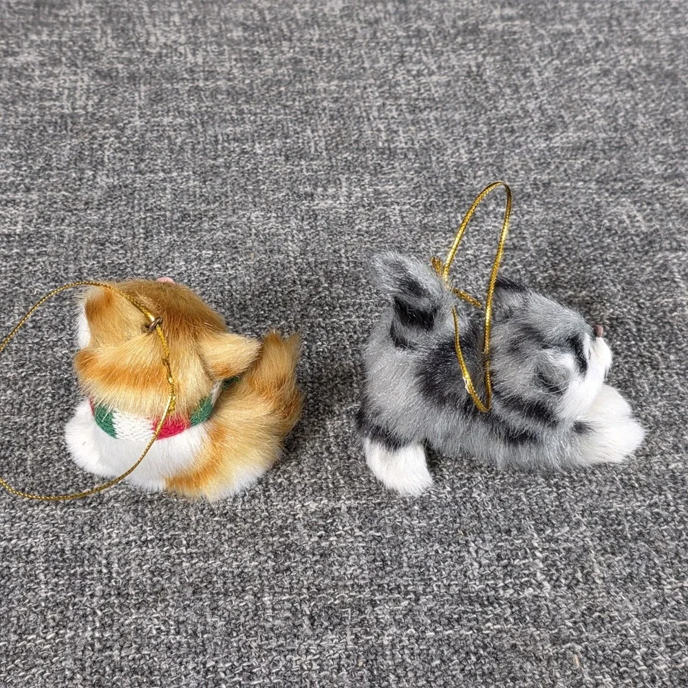 2 Faux Fur Kitten Ornaments Orange Ginger & Gray Tabby Cat Miniature Figurines